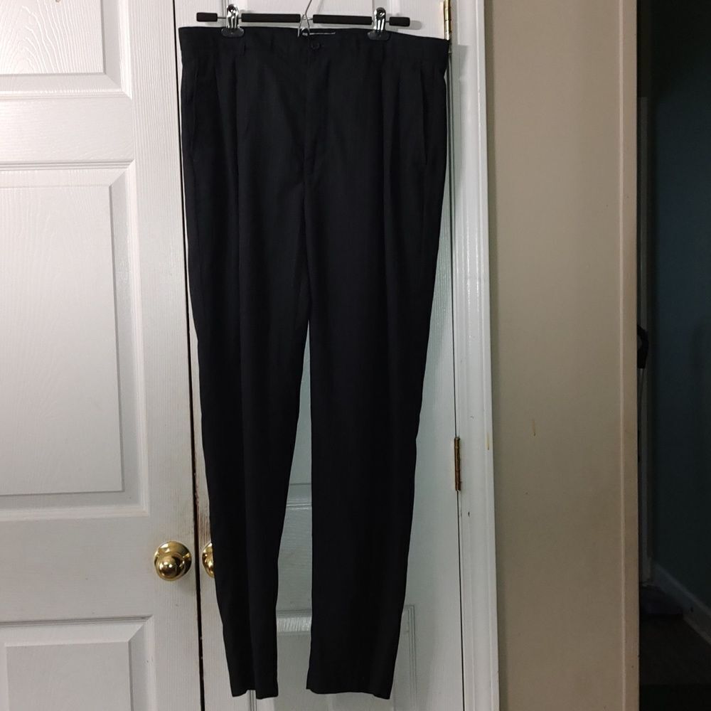Oleg Cassini silk pinstriped pleated black with blue stripe dress pants Sz 36x30